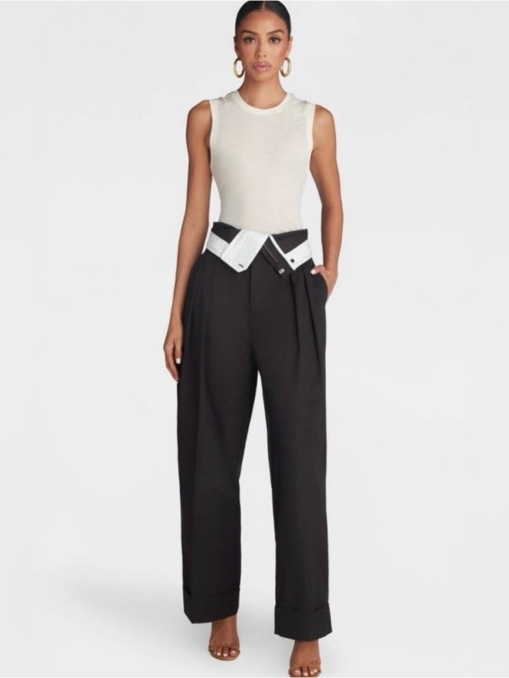 KBB: High-Waist Wide-Leg Black Pants with Contrast Waist Detail /Ankle Cuff Pant